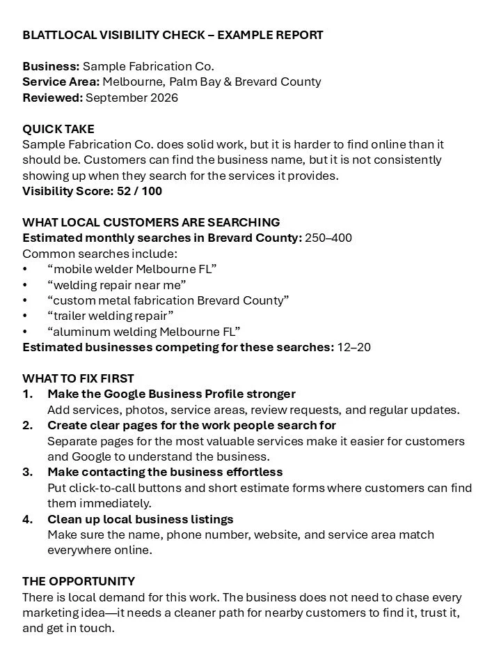 Sample visibility check report for a fabrication company in Melbourne, FL, with recommendations for improving online presence.