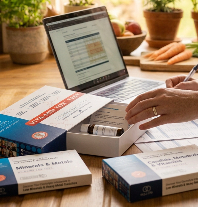 At-home functional lab testing kits displayed beside a laptop and wellness materials.