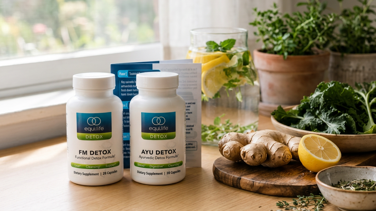 Equi.Life Detox supplements with fresh herbs and lemon on a kitchen counter.