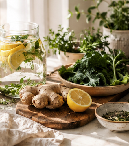 Fresh herbs, lemon, leafy greens, and lemon water arranged on a wooden cutting board.