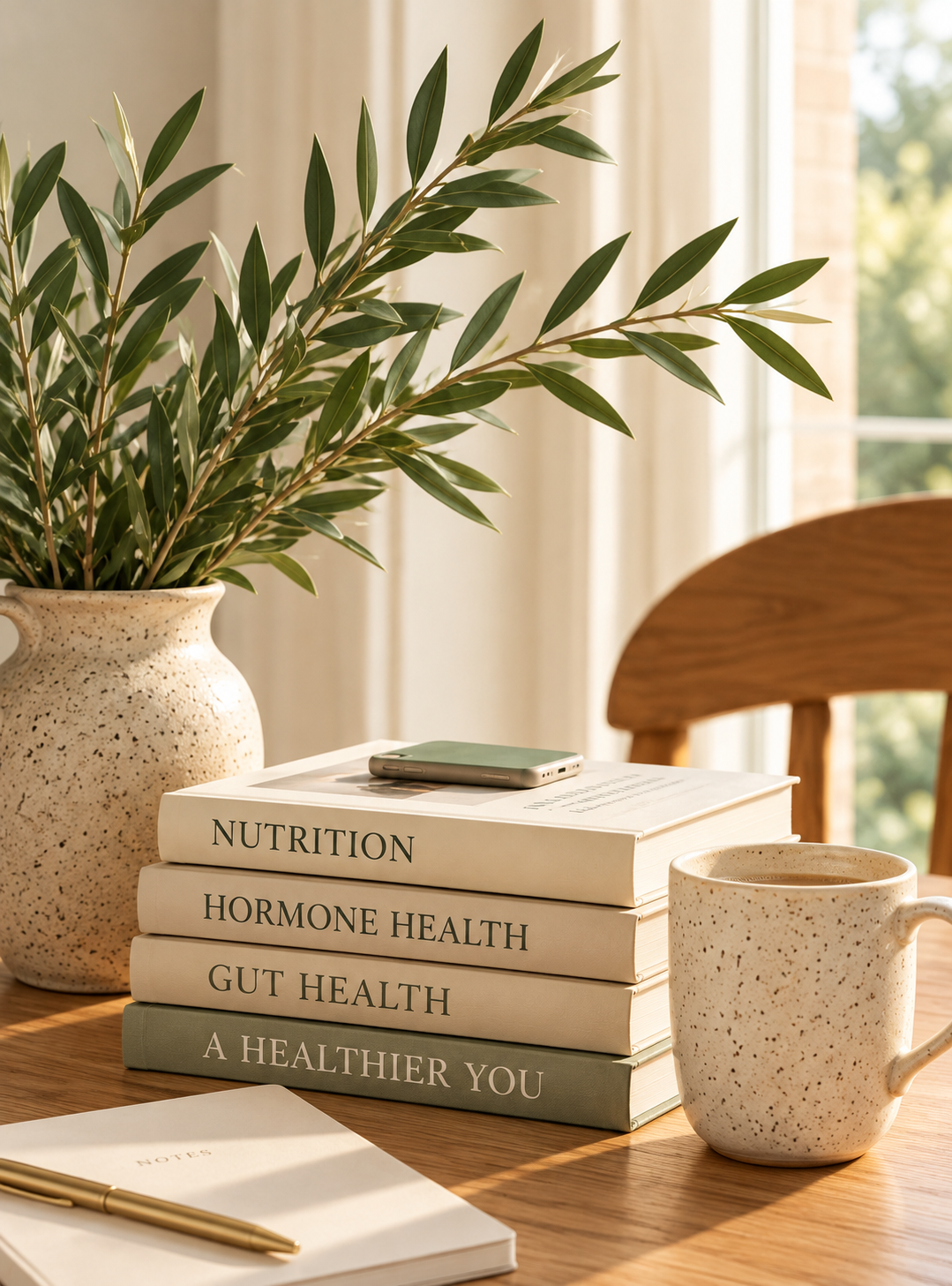 Health and wellness books with a notebook and plant on a sunlit table.