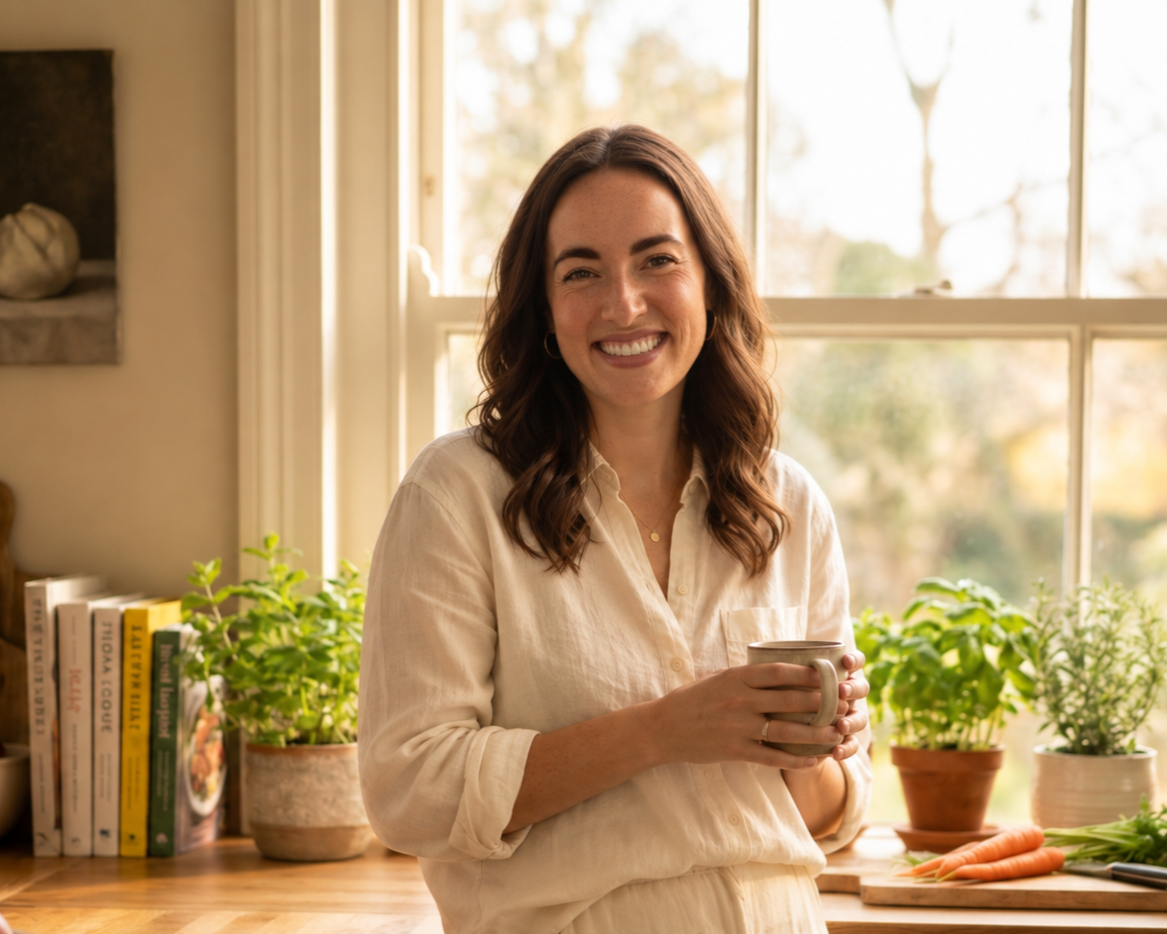 Alexis Elaine in a bright kitchen preparing fresh, whole foods.