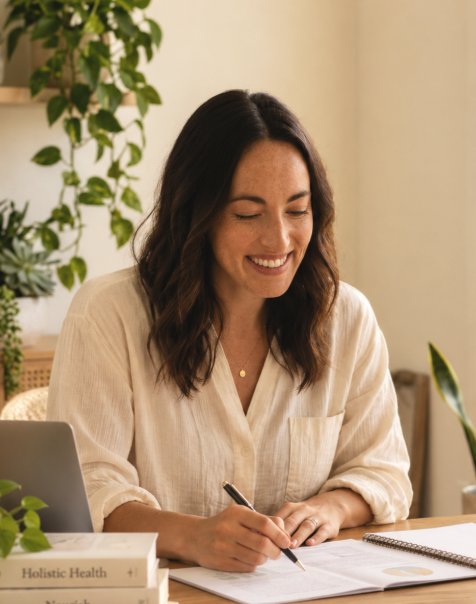 Alexis Elaine, Integrative Health Practitioner, reviewing notes and creating a personalized wellness plan.