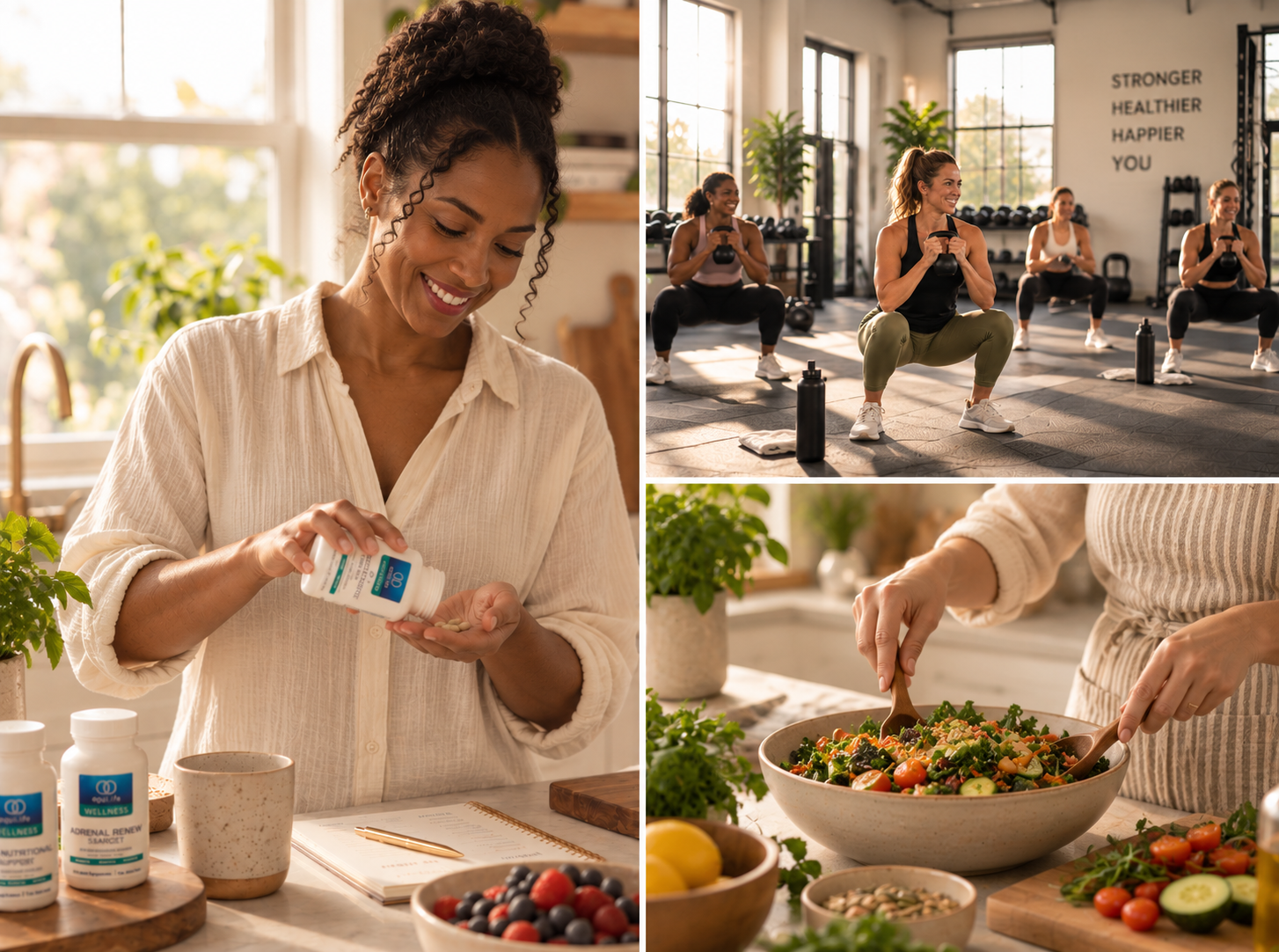Women supporting their wellness through supplements, strength training, and preparing nutritious food.