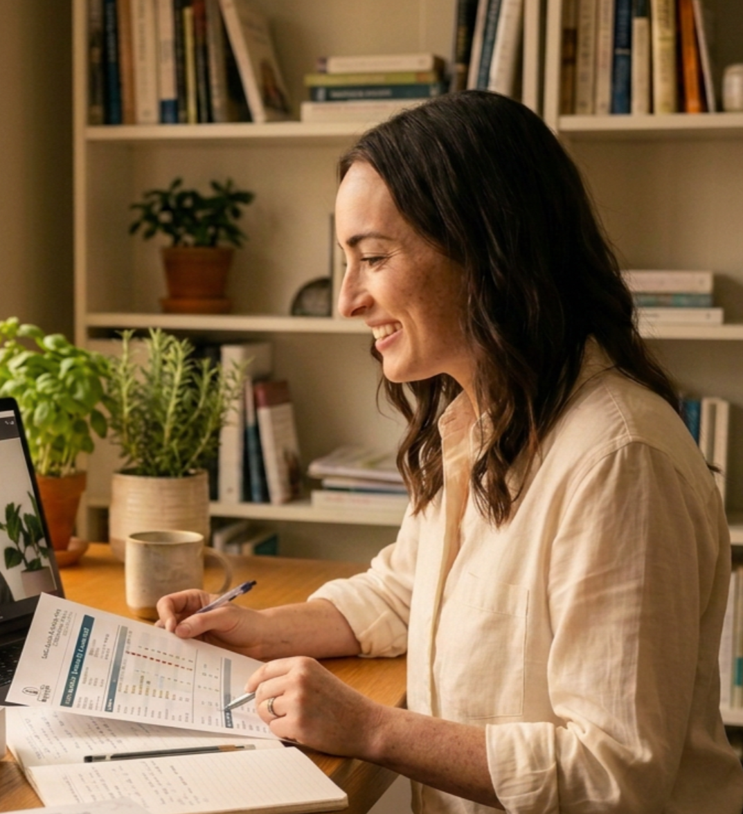 Alexis Elaine, Integrative Health Practitioner, reviewing wellness information on a laptop.