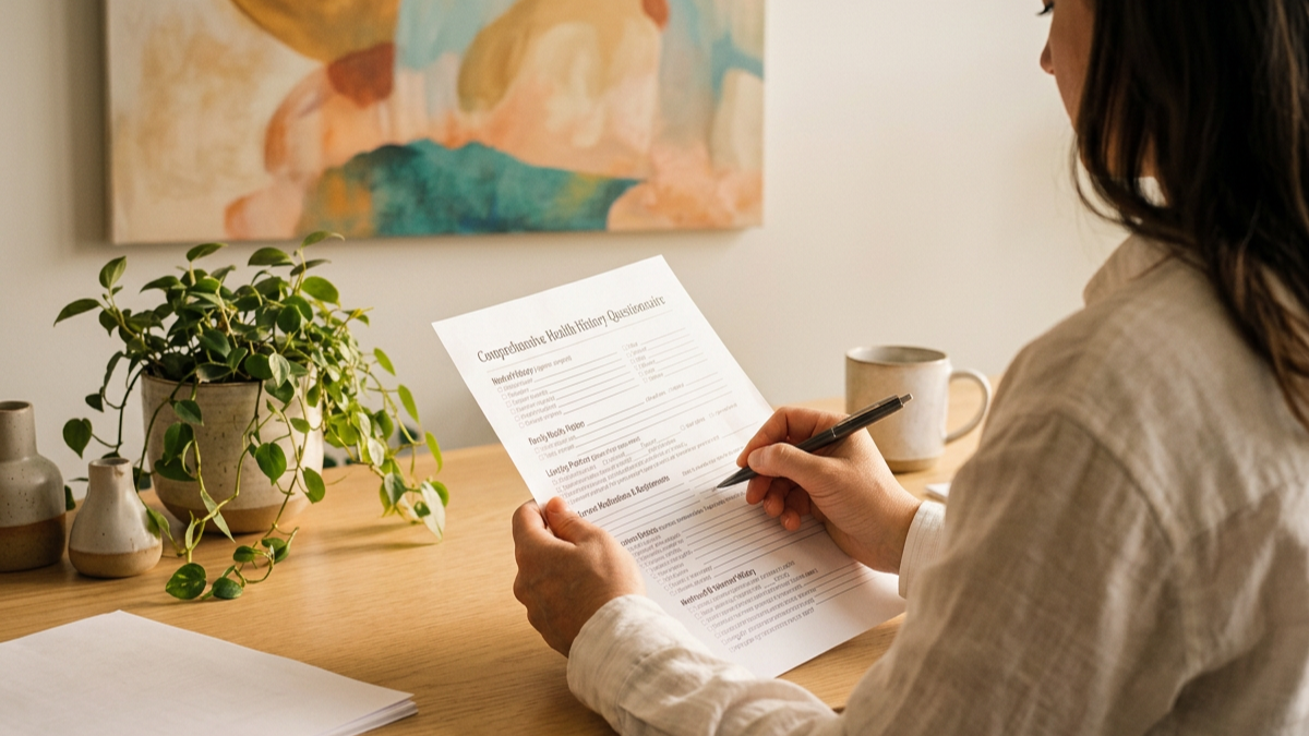 Woman completing a health history and wellness intake questionnaire.
