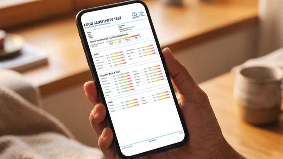 Functional lab test results displayed on a smartphone as part of a personalized wellness assessment.