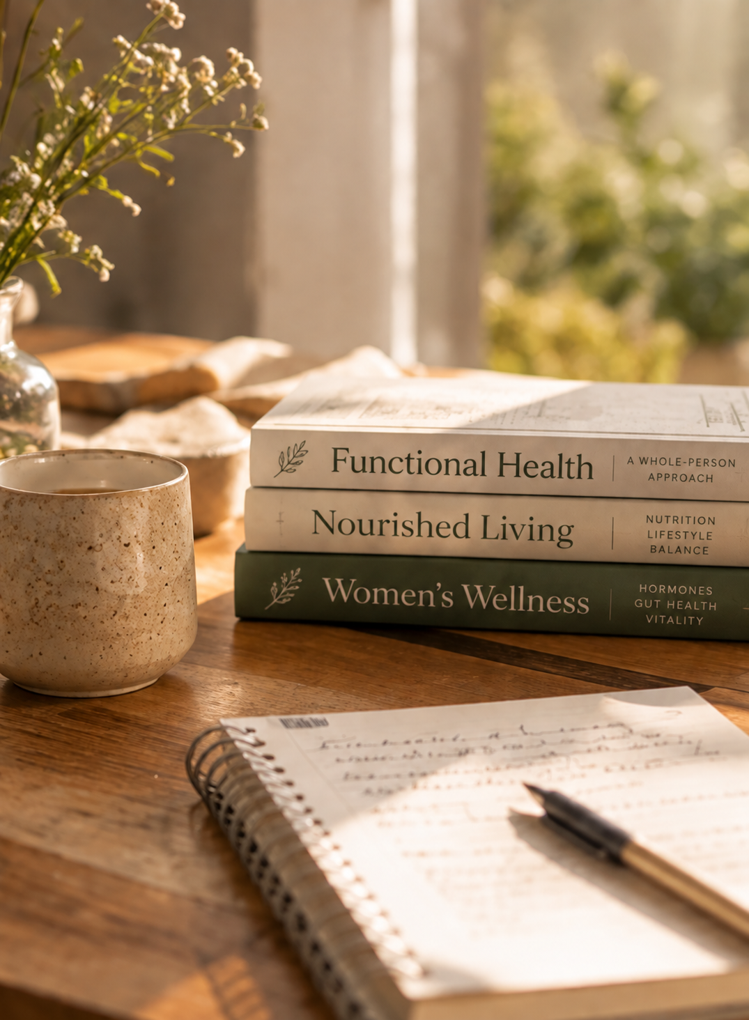 Integrative health and wellness workspace with books, notebook, and natural light.