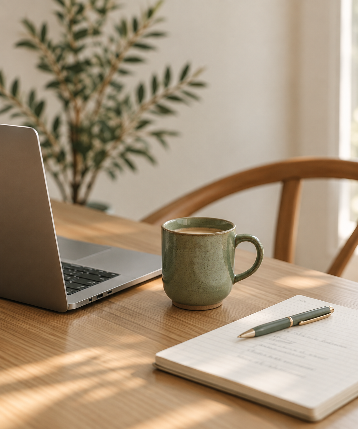 Laptop, notebook, and mug arranged on a sunlit desk in a warm wellness workspace.