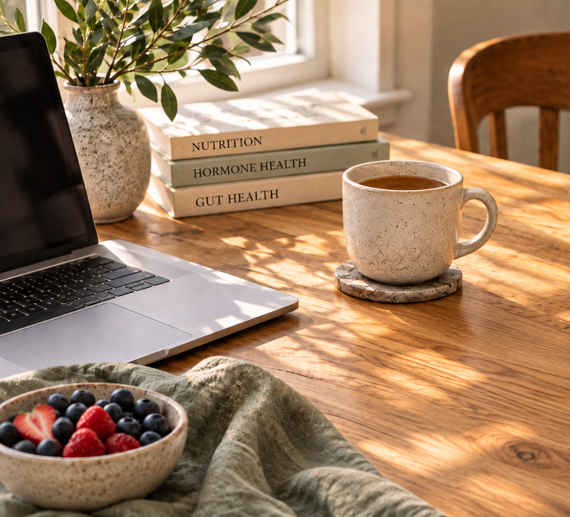 Health and wellness books, fresh berries, tea, and a laptop arranged on a sunlit table.