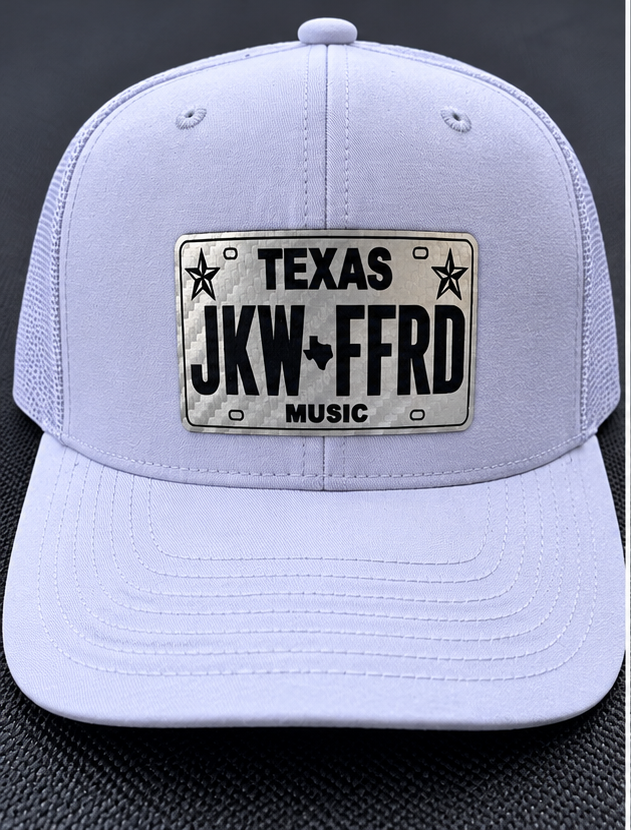 White curved bill license plate hat.png