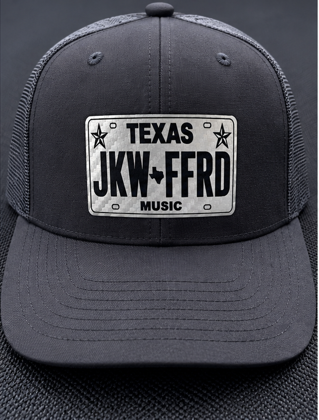 Black curved bill license plate hat.png