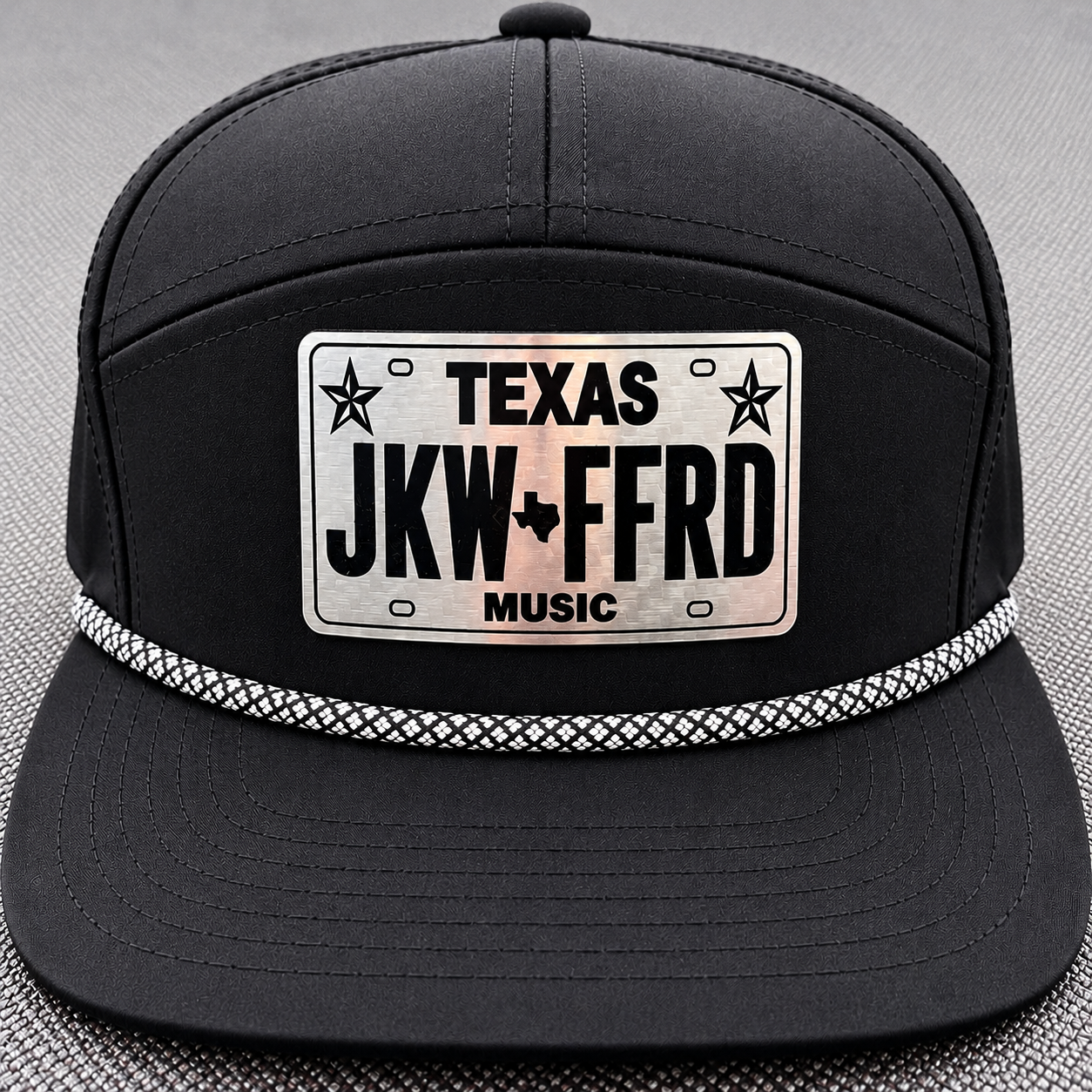 Black flat bill license plate hat.png