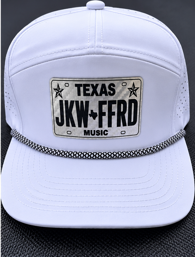 White flat bill license plate hat.png
