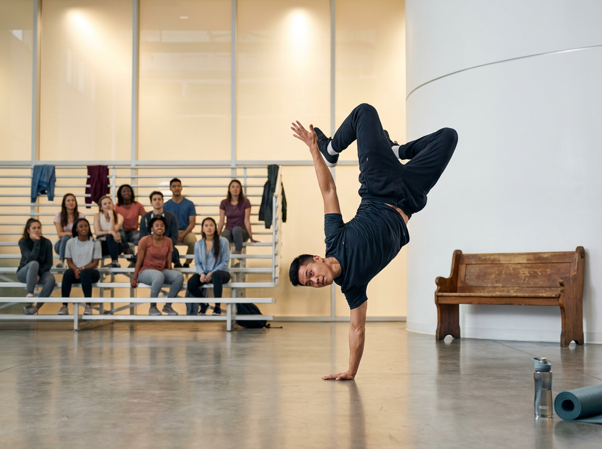 A man performs a handstand in front of an audience in a gymnasium or fitness studio. The audience, mostly young adults, is seated on bleachers, watching him with interest. The man is dressed in black athletic clothes, and there are exercise mats and a water bottle on the floor nearby.