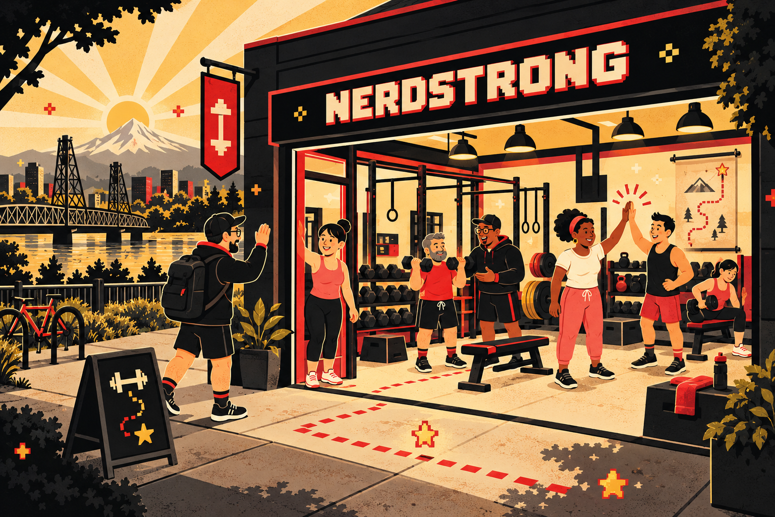 Group of diverse people high-fiving outside a gym named 'NerdStrong'. The gym has fitness equipment and a map on the wall. A woman with a backpack waves hello, near a bicycle and a sign with dumbbell and star graphics. The background features a city skyline, a bridge over a river, a mountain, and the sun rising or setting.
