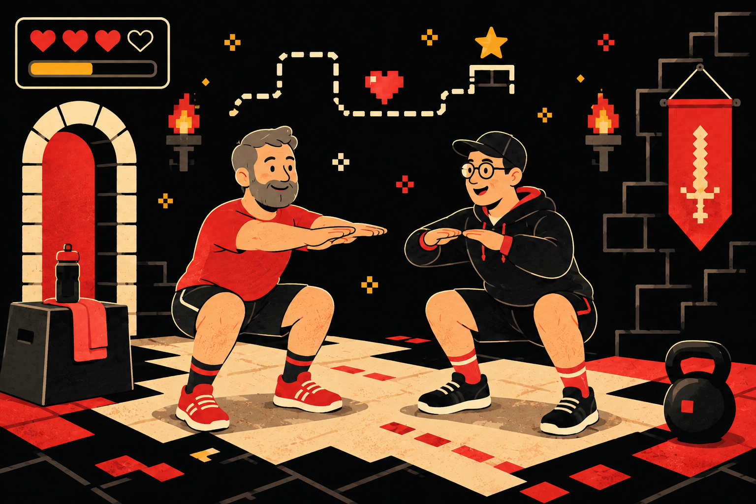 Two men in workout attire doing a childhood game called 'rock, paper, scissors' in a stylized room designed like a pixel video game with gaming icons and equipment.