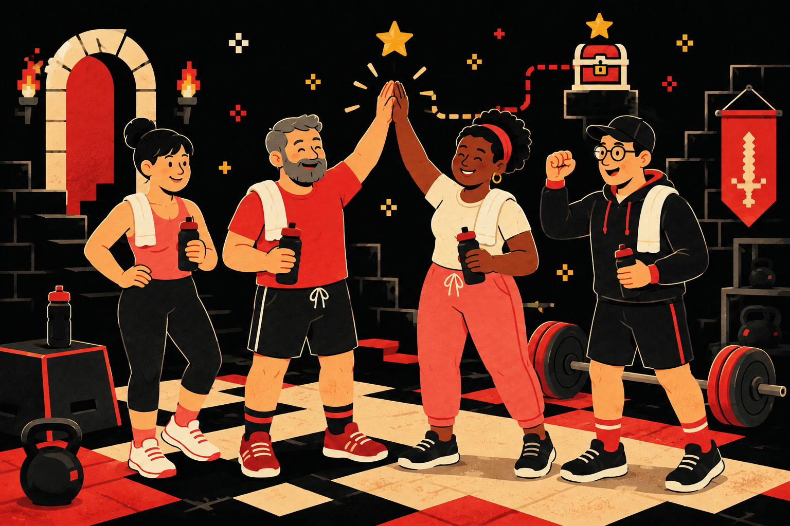 Four people in workout clothes high-fiving each other in a gym, holding water bottles, with kettlebells, weights, and gym equipment around them, celebrating a workout.