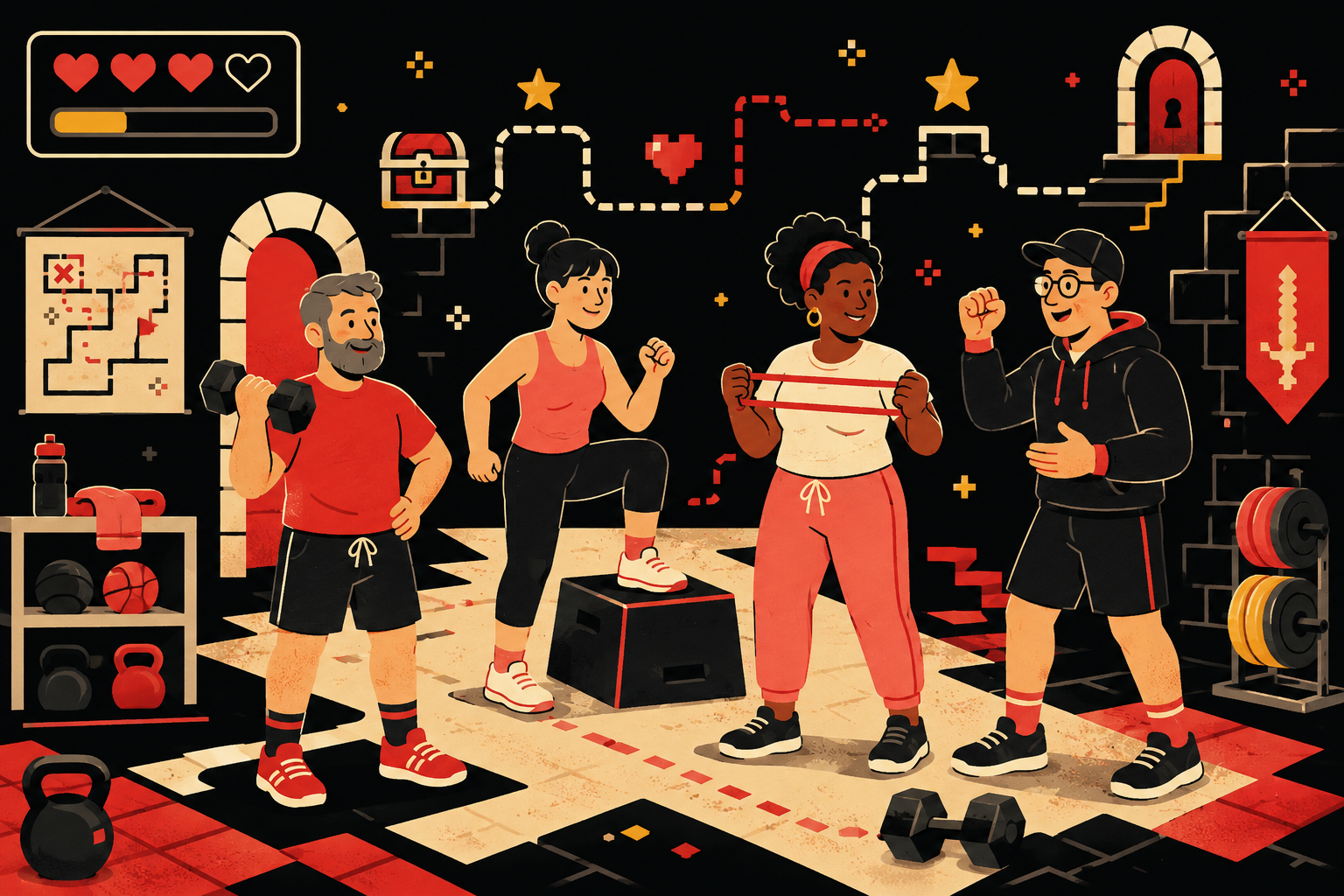 An illustration of four people in a gamified gym environment.