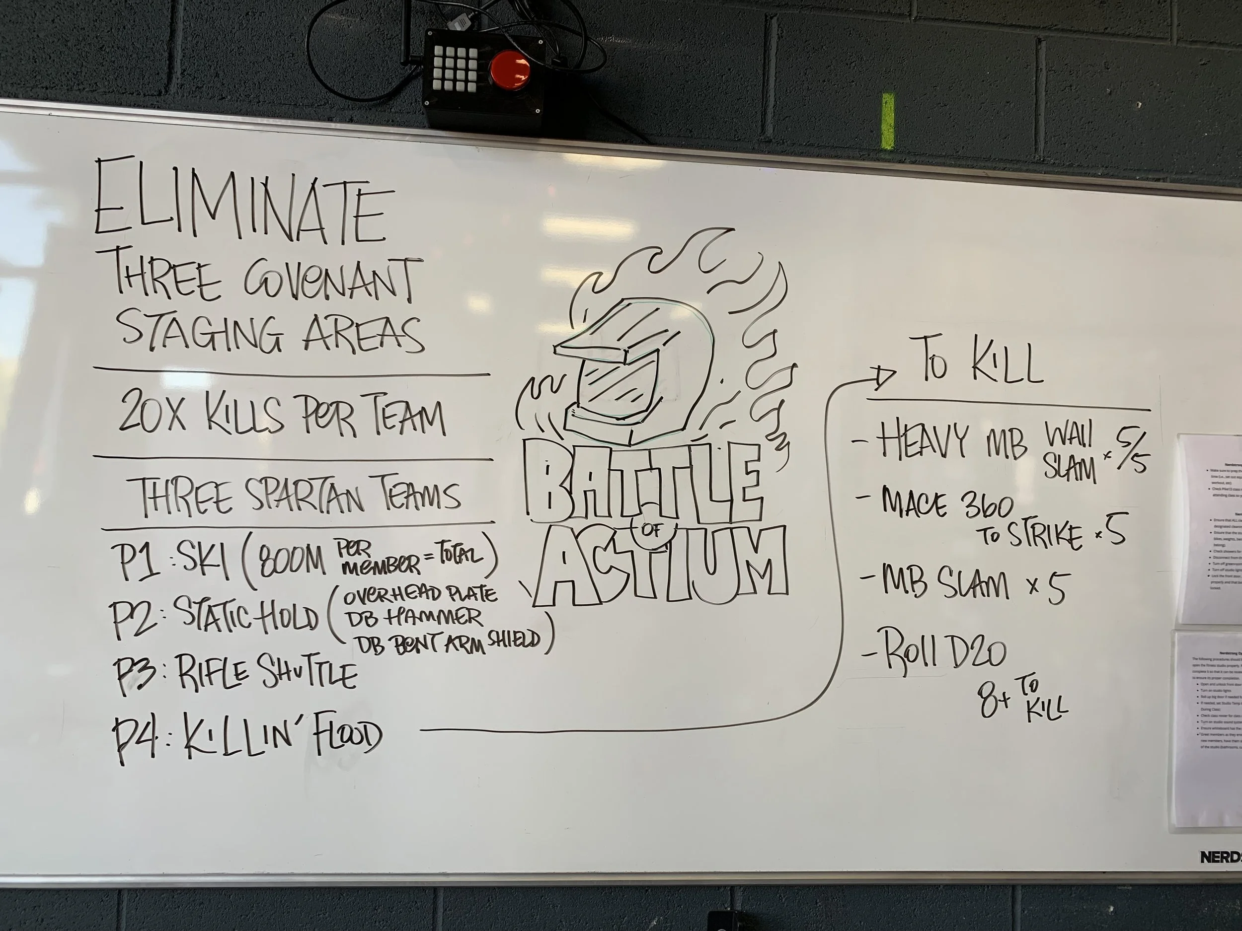 A whiteboard drawing a workout titled "Battle of Actium"