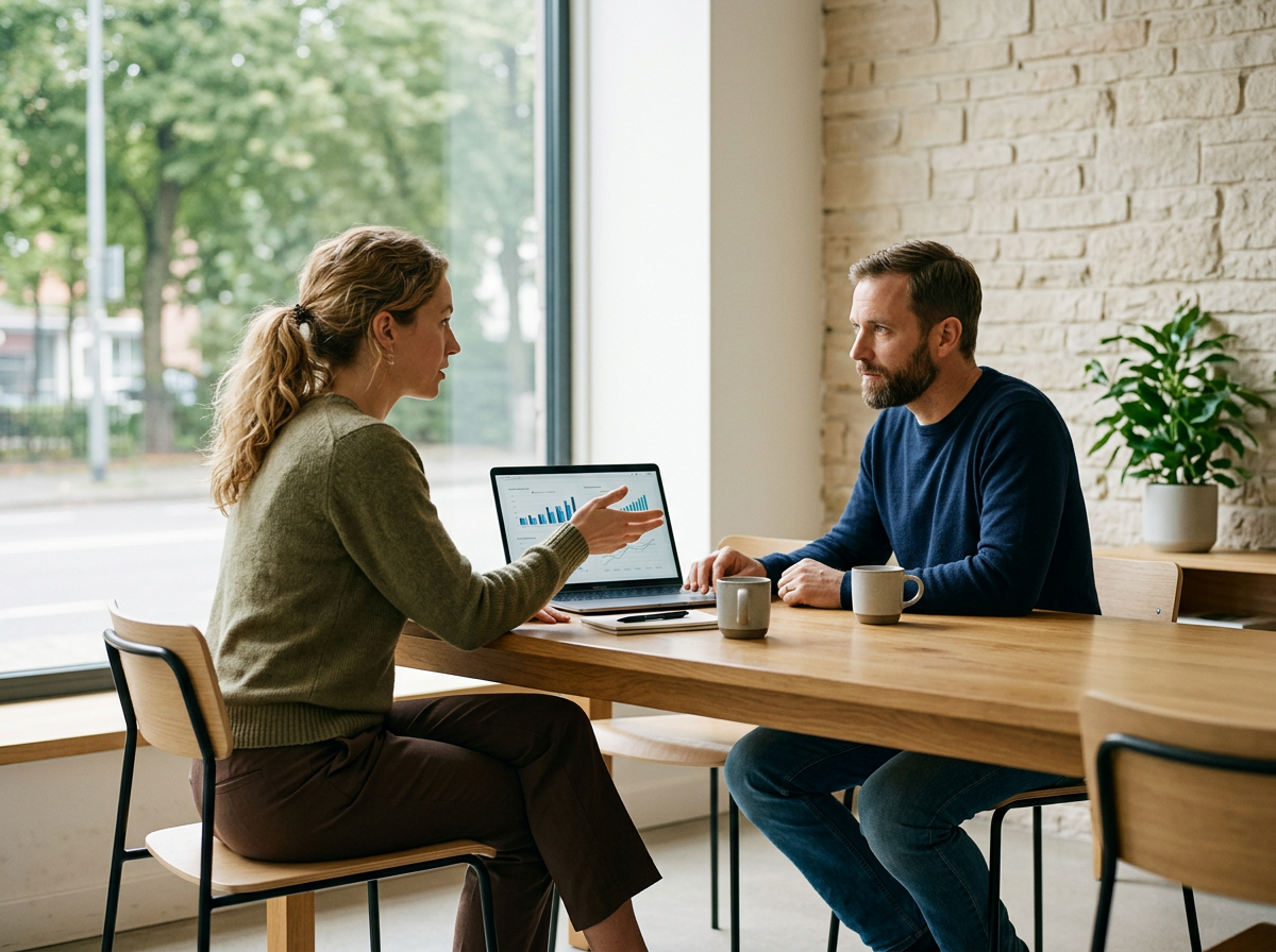 A woman and a man having a business meeting at a wooden table, with a laptop showing graphs, cups of coffee, and a large window with green trees outside.
