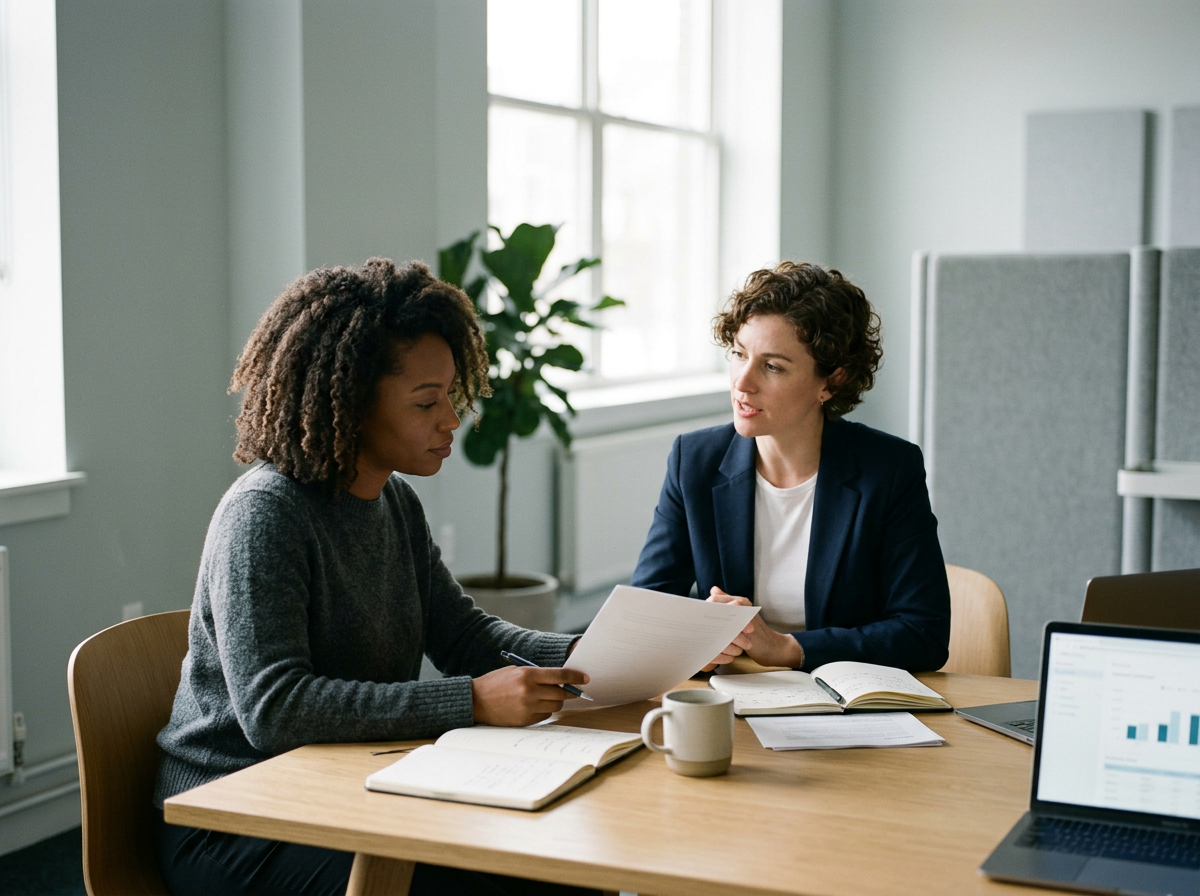 Two women having a business meeting in an office with papers, a notebook, a laptop, and a coffee mug on the table.