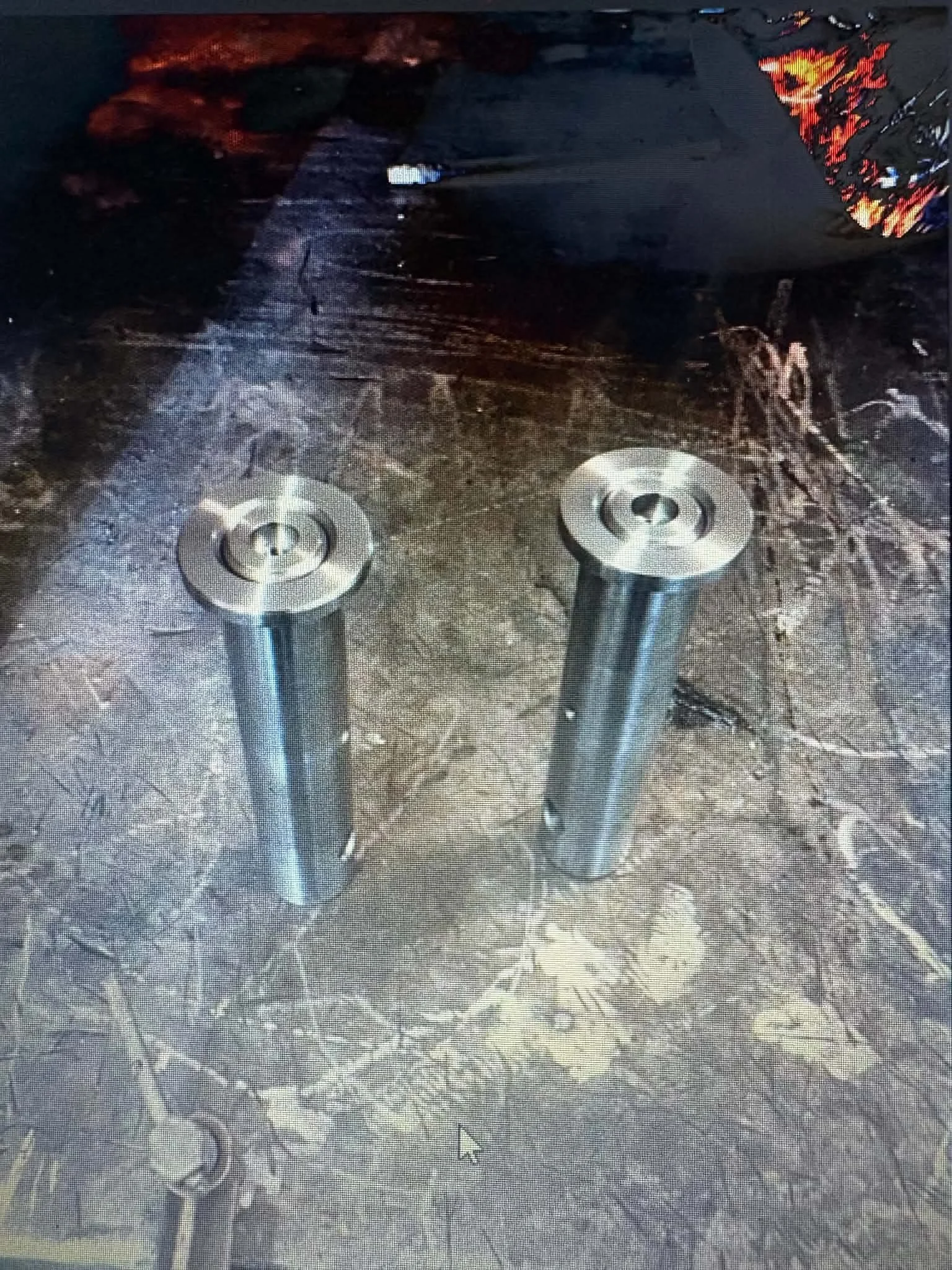 Two metal safety bollards on a dark granite sidewalk with leafless trees reflected on the surface.
