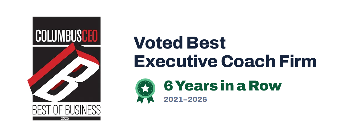 Award announcement for Columbus CEO magazine's Best of Business 2026, recognizing the top executive coaching firm for 6 consecutive years, 2021 to 2026.