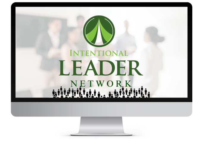 Computer monitor displaying the logo and name of the Intentional Leader Network, with a stylized green leaf and a crowd of simplified human figures below it.