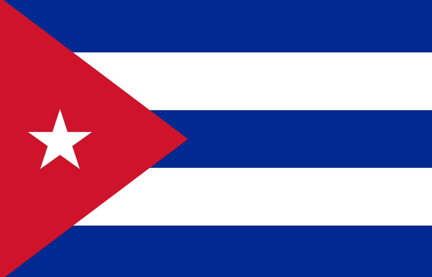 Flag of Cuba with red triangle, white star, and horizontal blue and white stripes.
