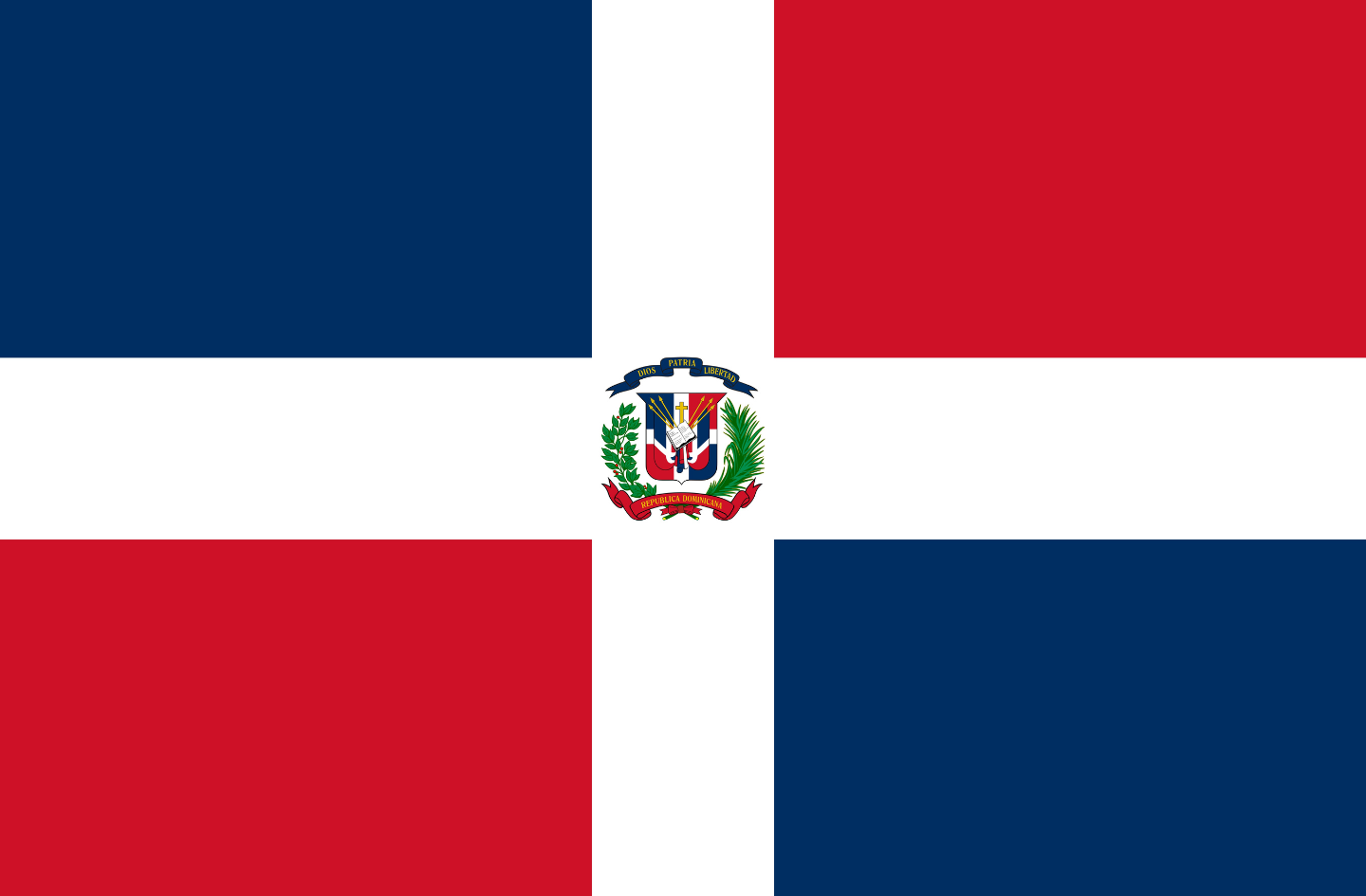 Flag of the Dominican Republic with red, white, and blue colors and the national coat of arms in the center.