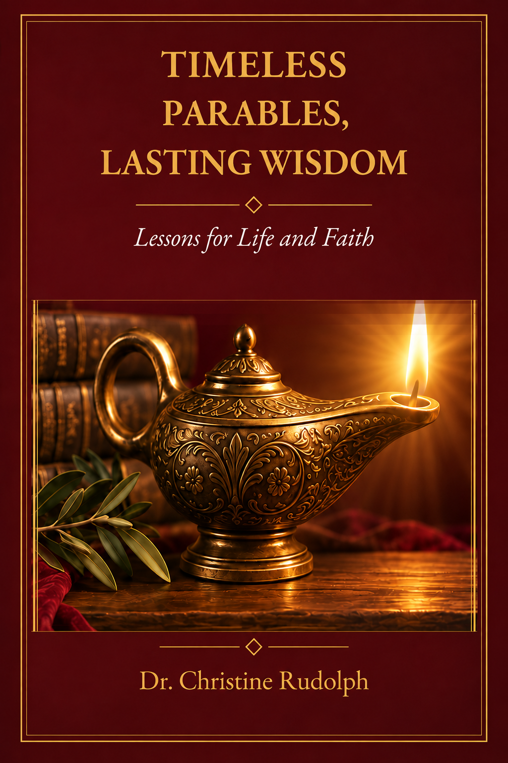 Book cover titled "Timeless Parables, Lasting Wisdom" by Dr. Christine Rudolph. The cover features a glowing, ornate, gold oil lamp with a burning wick, a small branch with green leaves, and a stack of old books in the background, all set against a deep red background.