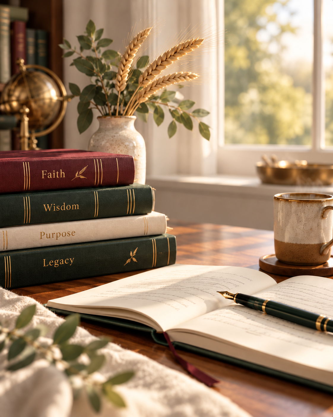 Warm literary desk scene with books representing faith, wisdom, purpose, and legacy