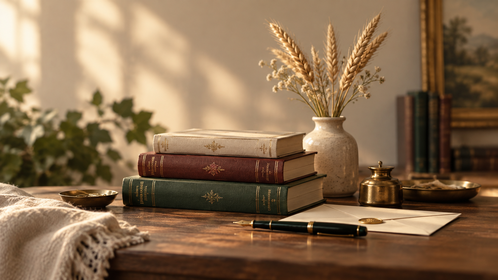 A wooden desk with three stacked hardcover books, a ceramic vase with dried wheat and small flowers, a gold-trimmed envelope with a wax seal and pen, and small gold dishes with paper and jewelry in a softly lit room with framed pictures and green plants in the background.