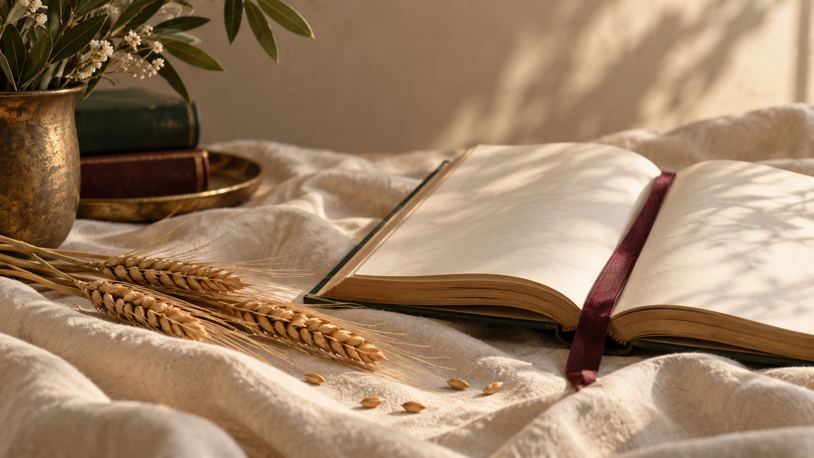 Open blank book with red ribbon marker, wheat stalks, a vase with greenery, and books in the background on a cream-colored fabric surface sunlight and shadows.