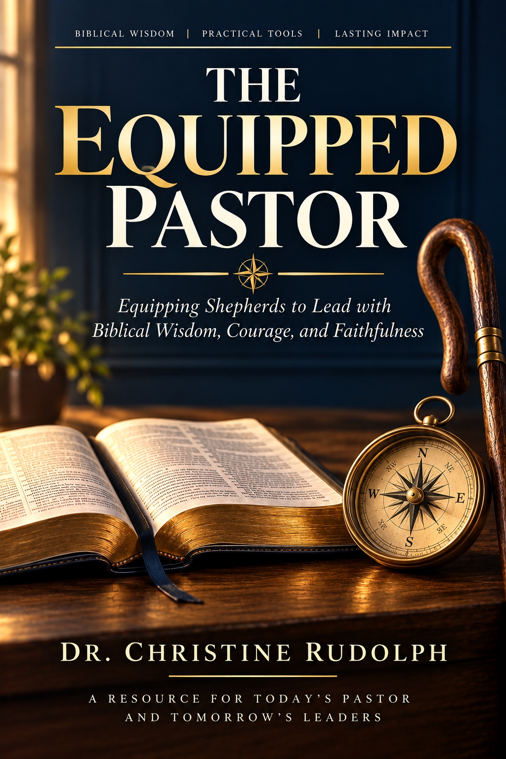 Book cover titled "The Equipped Pastor" showing an open Bible, a pocket watch, a wooden cane, and a potted plant on a wooden table, with dark blue curtains in the background.