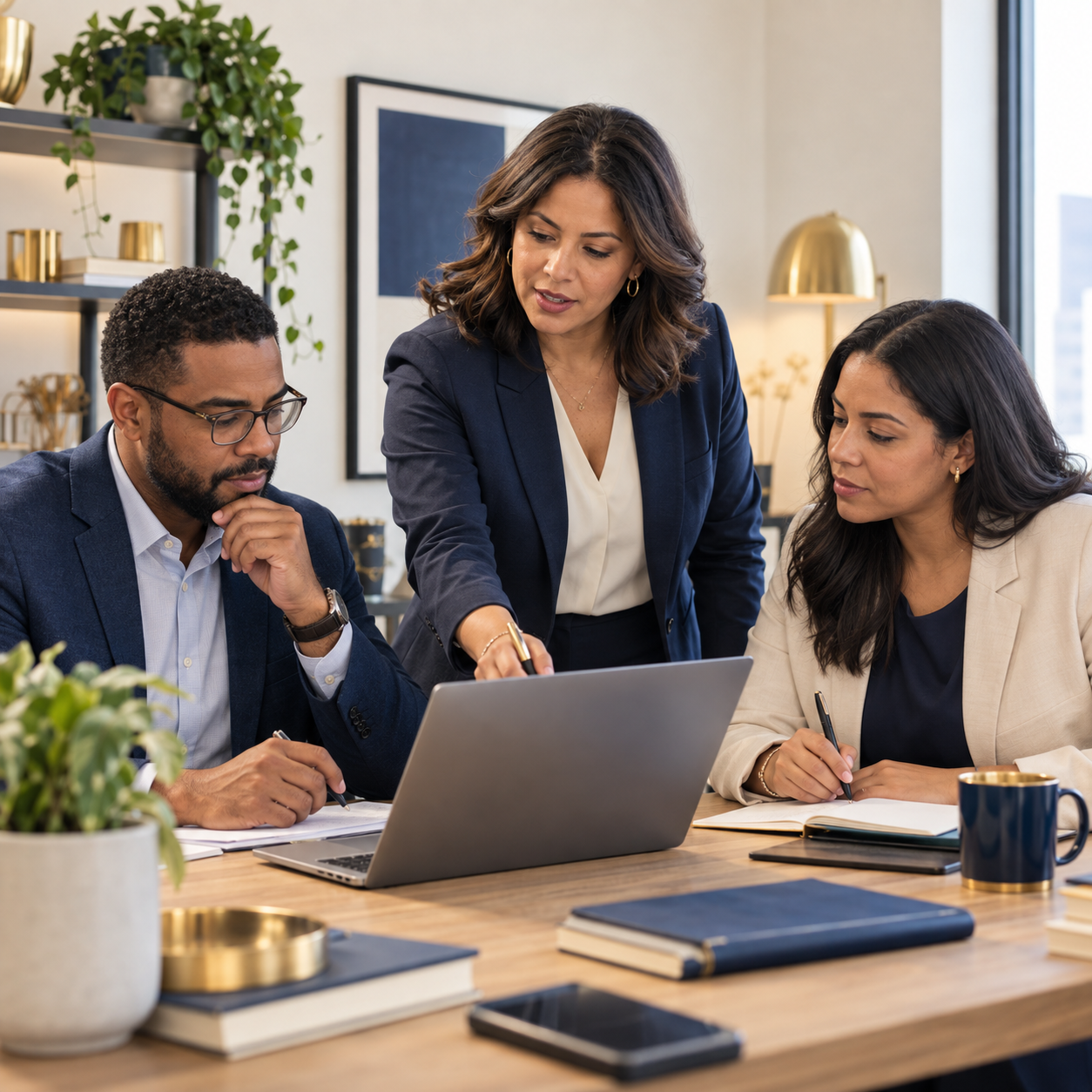 Three professionals in business attire at a meeting table, engaging in discussion around a laptop in a modern office setting.
