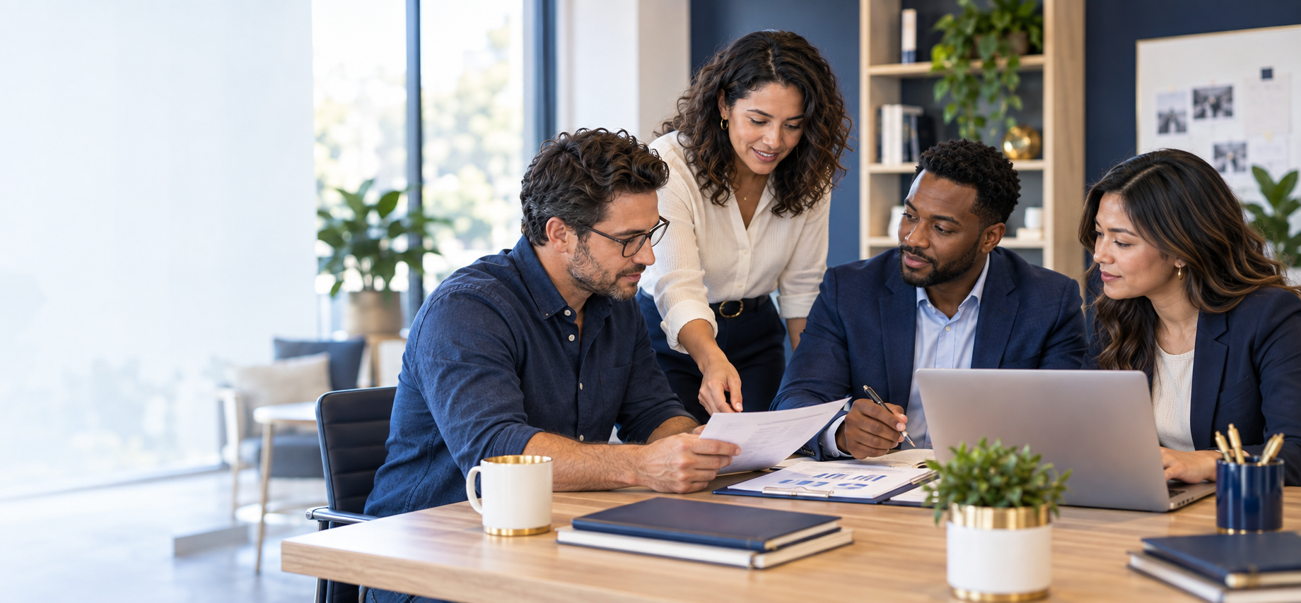 Four diverse professionals in a business meeting around a table with laptop, documents, and coffee mugs in a modern office.