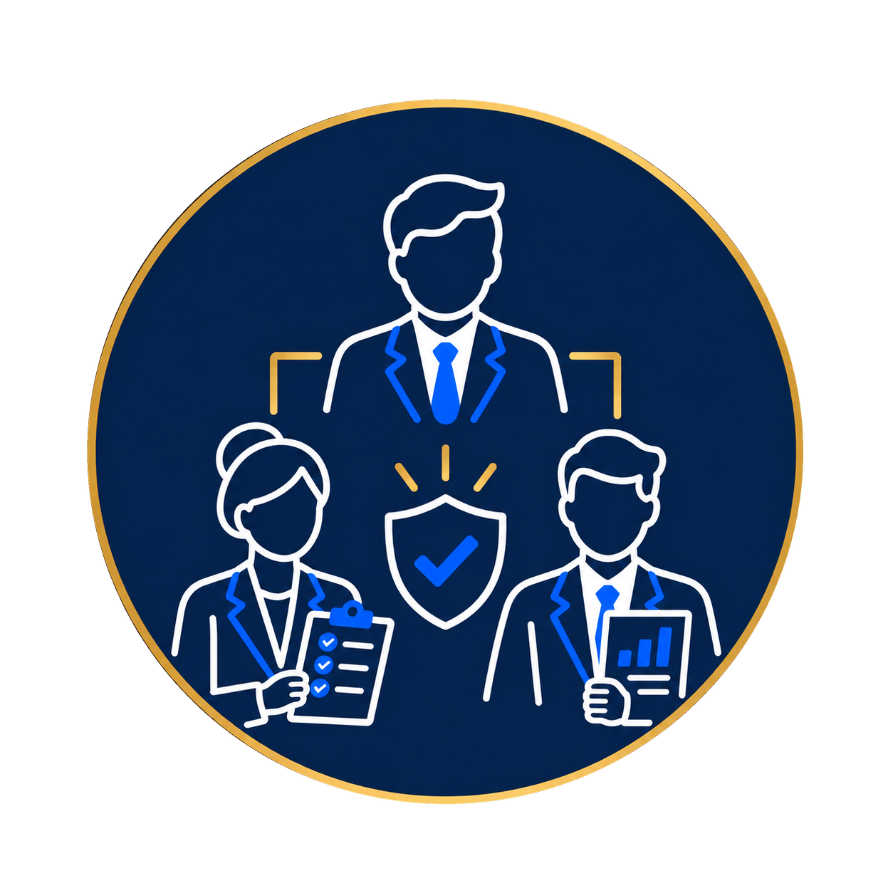 Illustration of three business professionals with a shield and checkmark, representing teamwork and security.