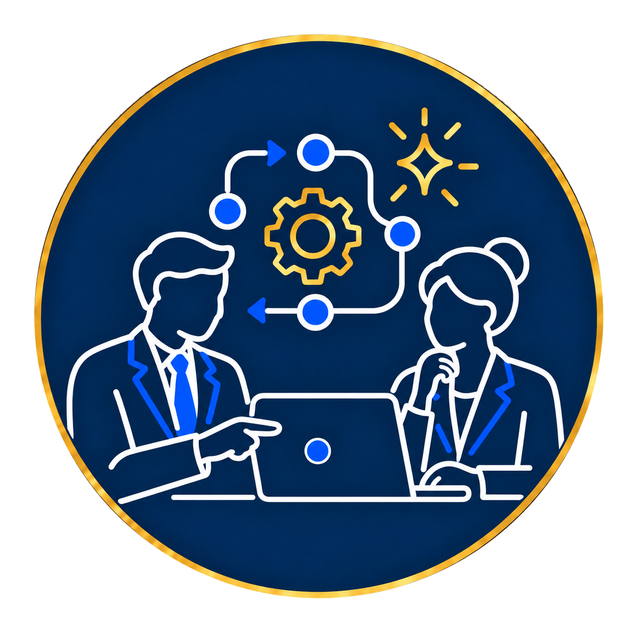 Neon-style illustration of two professionals, a man and a woman, discussing technology and workflow, with gears and flowchart icons in the background.