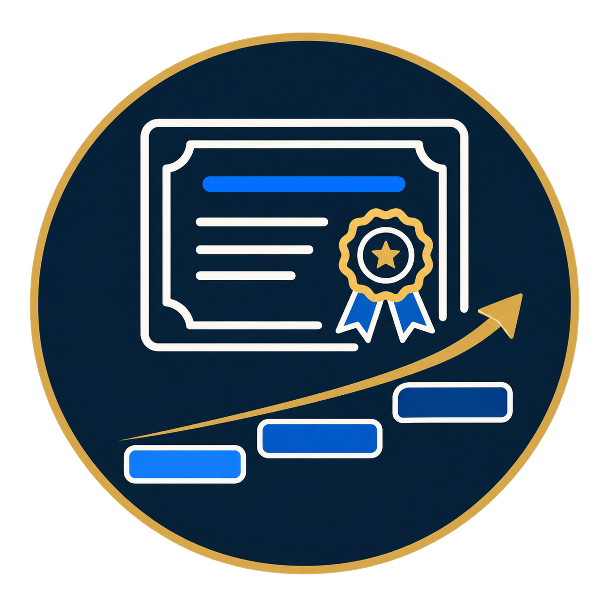 A digital icon of a certificate with a ribbon and star, a rising arrow, and progress bars, symbolizing achievement and growth.