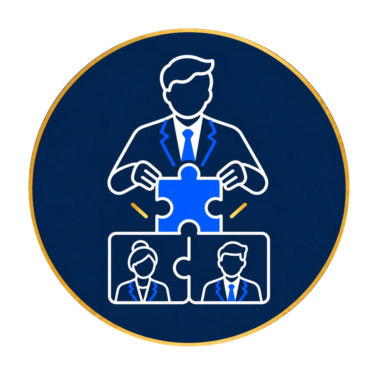 Illustration of a person in a suit connecting puzzle pieces with two individuals in small rectangles below.