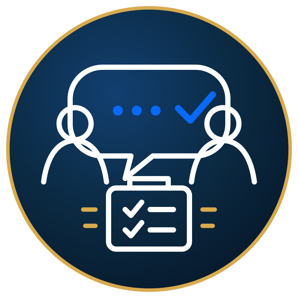 Line art icon of two people talking with speech bubbles, a checklist, and a check mark, indicating communication and task completion.