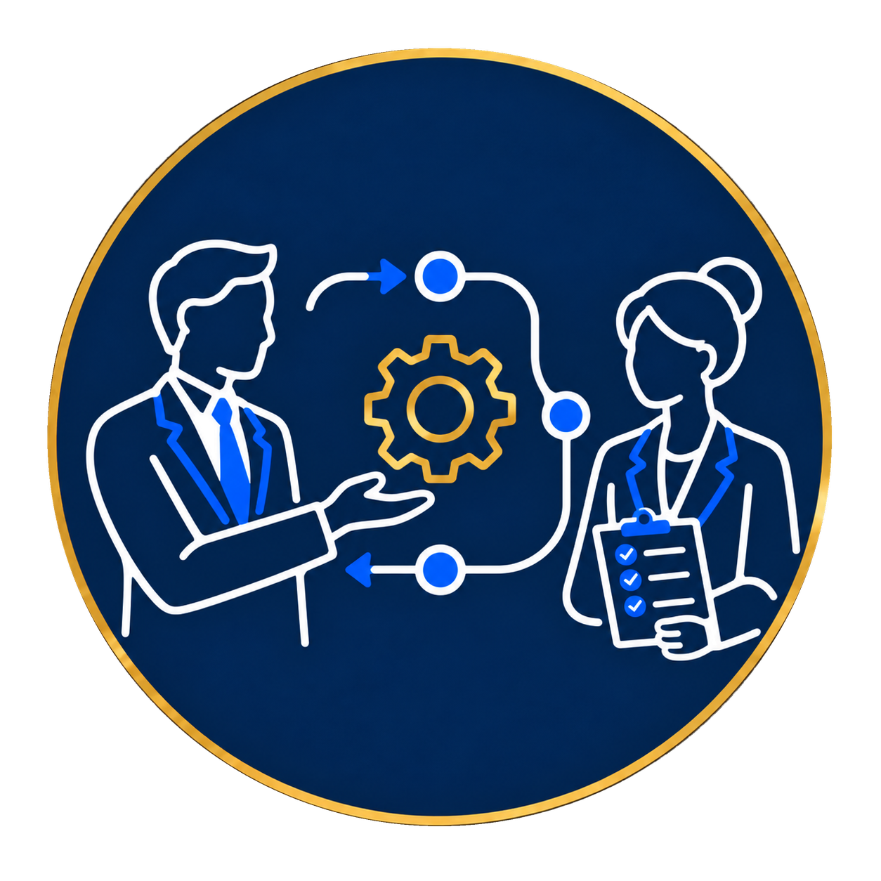 Illustration of a man and woman communicating with a gear icon and flowchart elements in a digital or technological context.