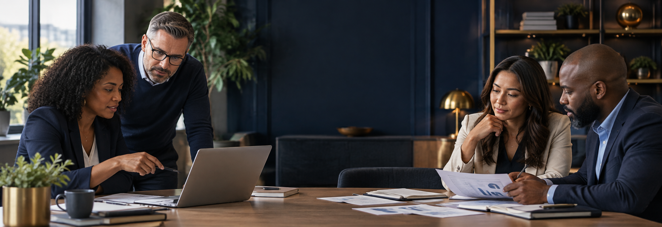 Four professionals in a business meeting around a table, discussing documents and a laptop, in a well-lit office with plants and modern decor.