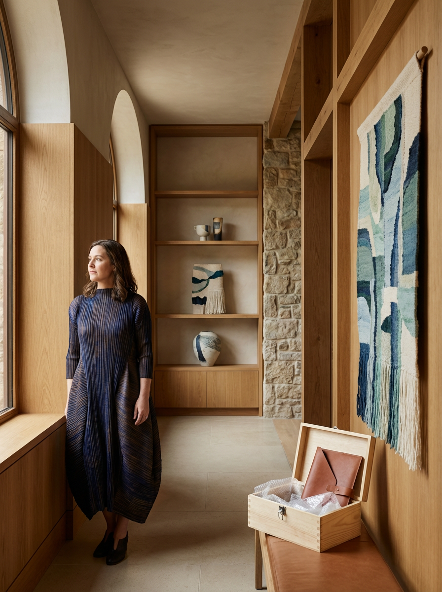 A woman standing inside a room with wooden walls and shelves, gazing out a large window. The room has decorative pottery and a hanging textile artwork with a wavy pattern. There is a wooden bench with a box containing a leather portfolio.