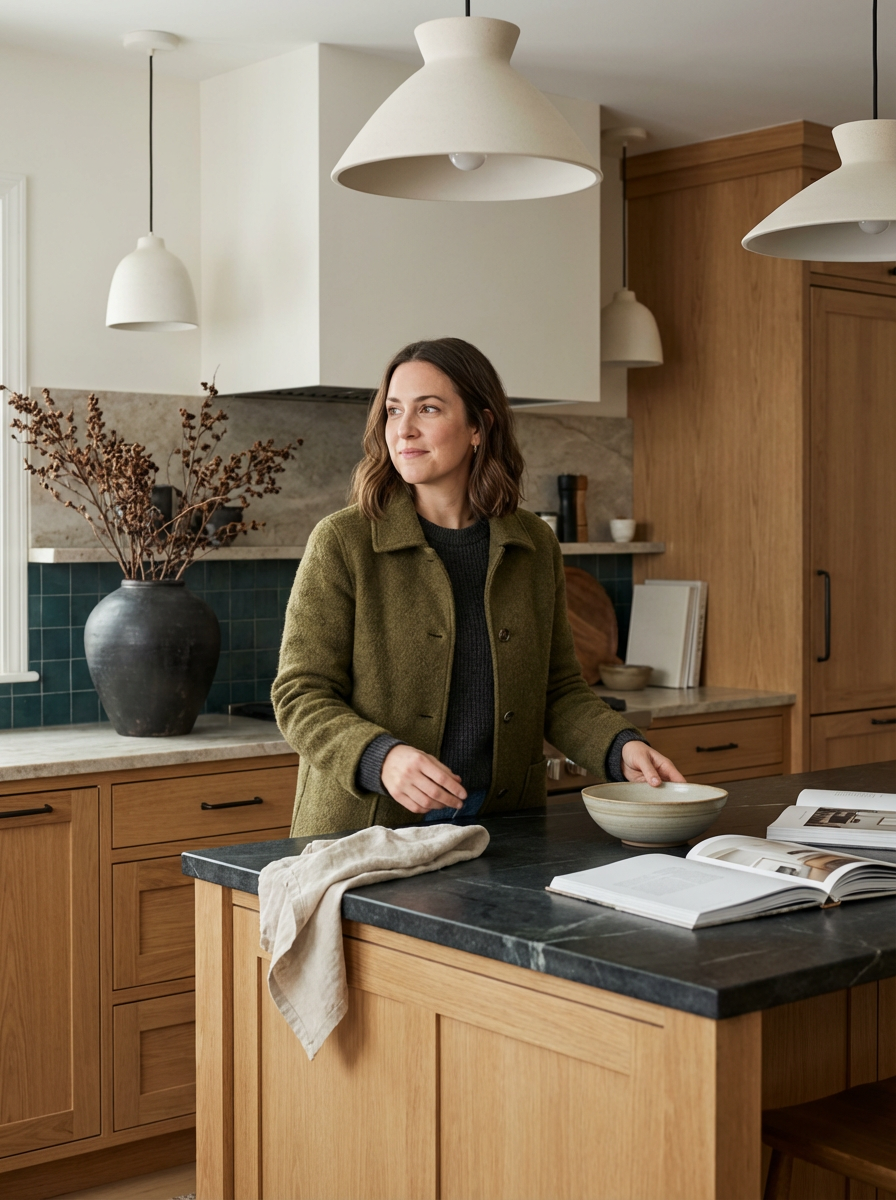 A woman with shoulder-length brown hair standing in a modern kitchen, smiling, wearing an olive green jacket over a dark sweater, with a bowl in her hands on a black kitchen island that has open books and a beige towel on it. The kitchen features wooden cabinets, hanging ceiling lights, a large black vase with dried branches, and a light-colored marble backsplash.