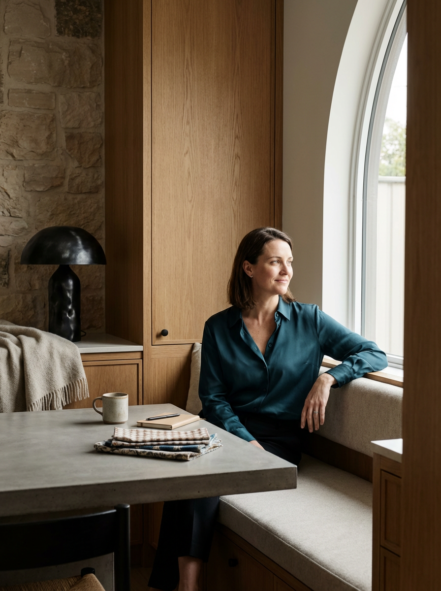 A woman sitting on a built-in window seat in a cozy room, looking out the window. The room features wooden cabinets, a stone wall, and a table with a coffee mug, a notebook, and some fabric swatches.