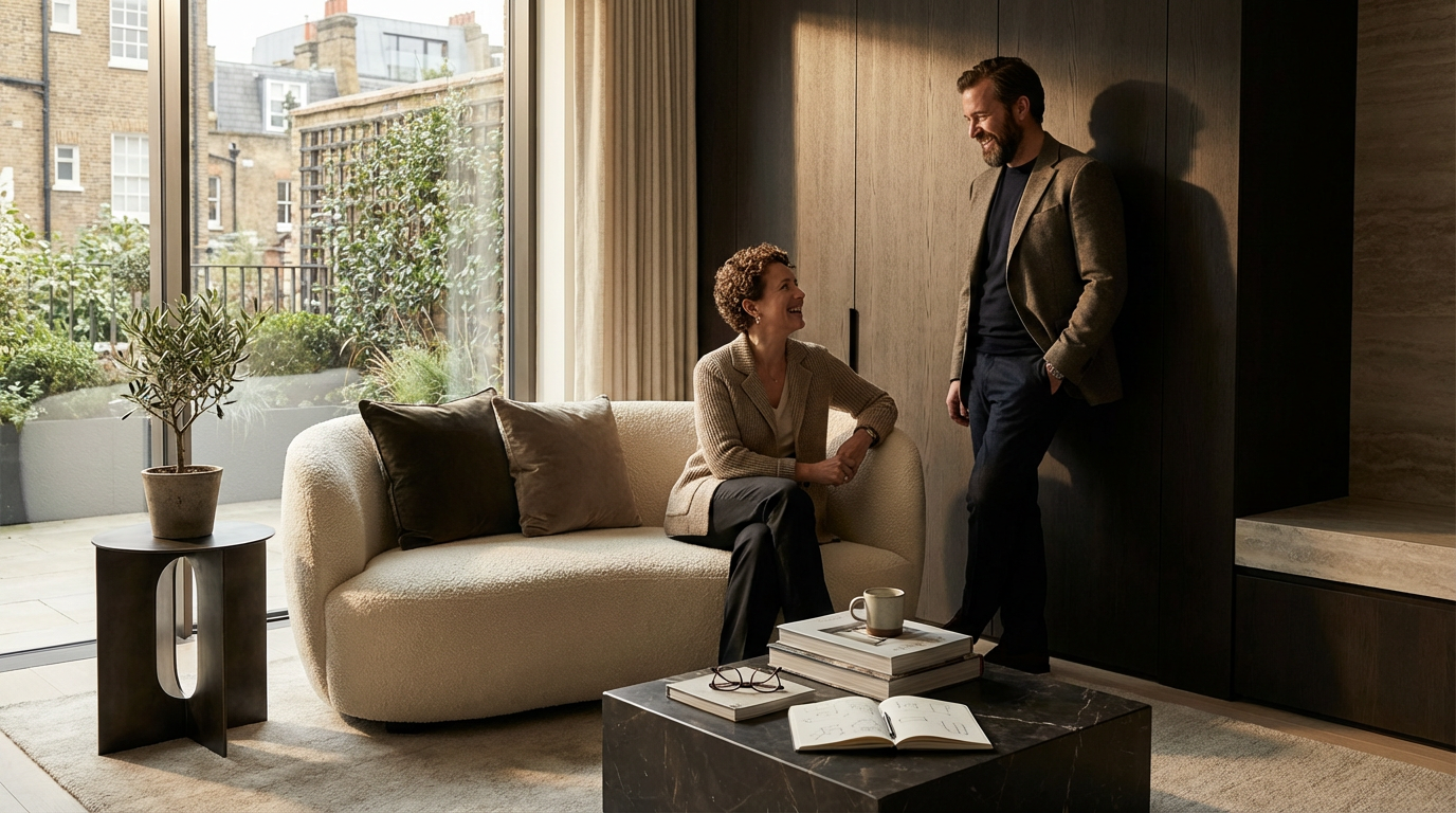 A man and woman are having a conversation in a modern living room with large window, natural light, and indoor plants.
