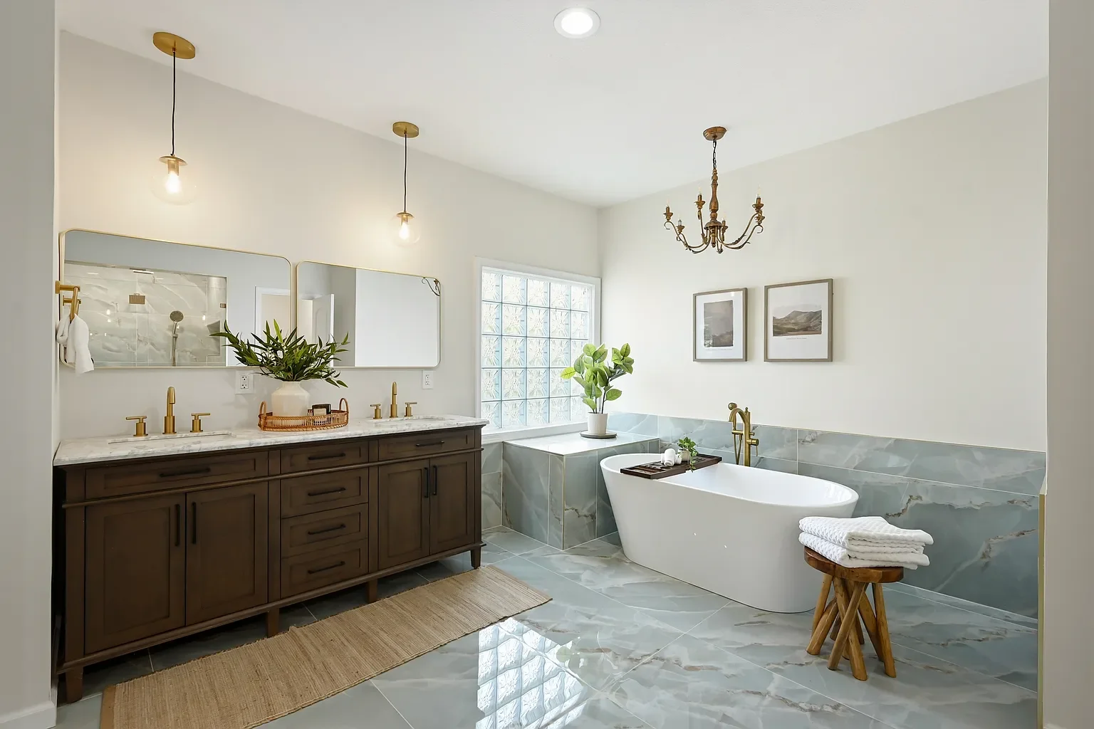 Modern bathroom with white walls, marble floor and bathtub, wooden vanity with gold fixtures, large mirror, chandelier, glass block window, potted plants, and framed landscape art.